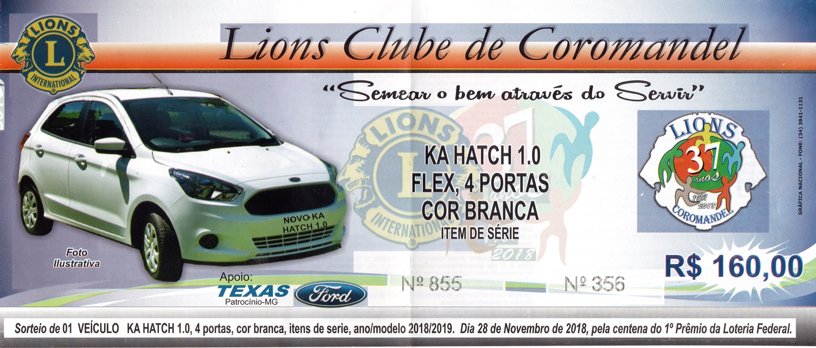 Cupom Sorteio Ford Ka Hatch Lions Club de Coromandel